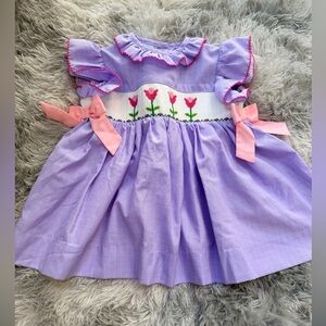 Toddler Girl Purple Dress with Pink Bows and Floral Embroidery